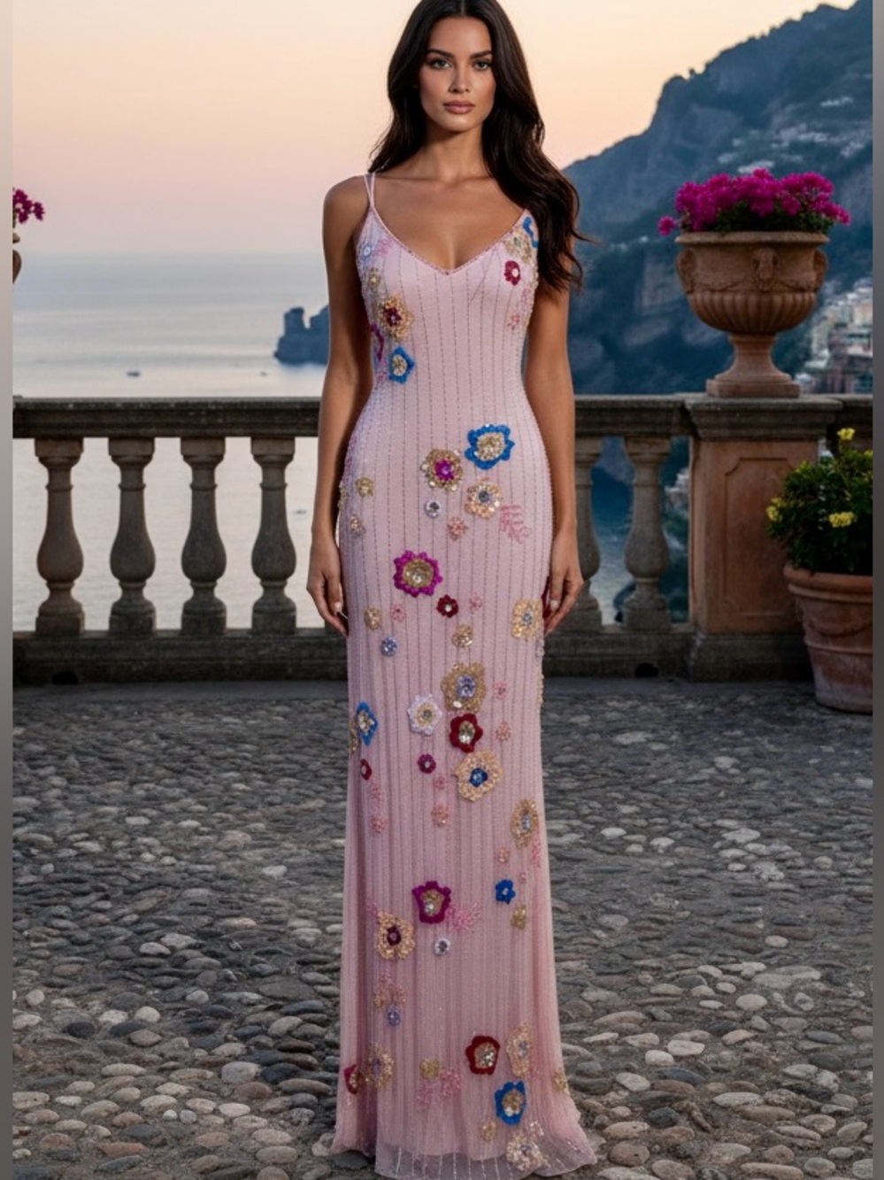 Sleeveless Pink hand beaded Floral with‎ rhinestones Dress. On stretch fabric.